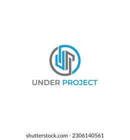 Resumen de la letra inicial UP o logotipo de PU en color gris y azul aislado en fondo blanco. Logo inicial PU, UP, U y P dentro de la letra redondeada espacio negativo logotipo color gris y azul.