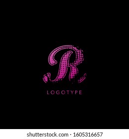 Abstract Initial  Letter R Logo, Pink Violet  Halftone splash  with letter logo icon vector design concept.