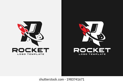 Abstract Initial Letter R Logo Combined with Flying Rocket Silhouette Logo Design.