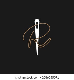 Abstract Initial Letter r Tailor logo, thread and needle combination with gold colour line style , Flat Logo Design Template, vector illustration