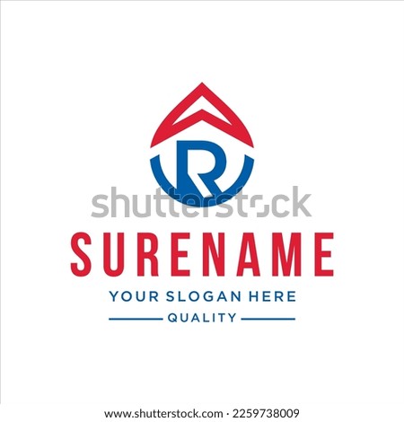 abstract initial letter R typography logo design water drop arrow roof protection illustration. Oil and gas company modern custom logo design inspiration