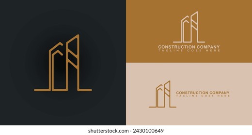 Abstract initial letter RC or CR logo in gold color presented with multiple background colors. The logo is suitable for construction company logo design inspiration templates.