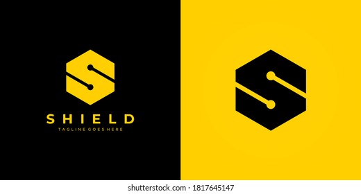 Abstract Initial Letter S Logo. Black and Yellow Geometric Hexagonal Shape isolated on Double Background. Usable for Business, Building and Technology Logos. Flat Vector Logo Design Template Element.