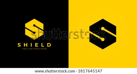 Abstract Initial Letter S Logo. Black and Yellow Geometric Hexagonal Shape isolated on Double Background. Usable for Business, Building and Technology Logos. Flat Vector Logo Design Template Element.