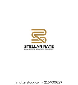 abstract initial letter S and R logo in gold color isolated in white background applied for real estate solution logo also suitable for the brands or companies that have initial name SR or RS