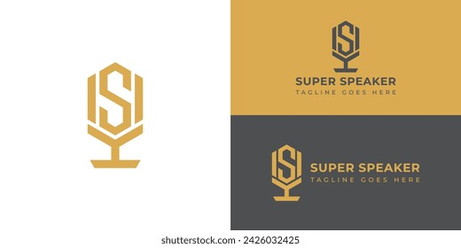 Abstract the initial letter S or SS in gold, isolated on a white background. Super speaker podcast logo with microphone and letter S design for your podcast or radio channel vector illustration