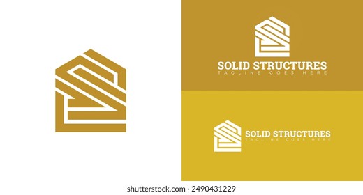 Abstract initial letter S or SS logo in yellow-gold color isolated on multiple background colors. The logo is suitable for real estate and construction company logo design inspiration templates.