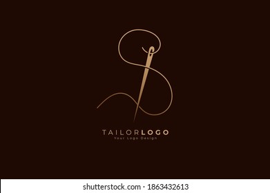 Abstract Initial Letter S Tailor logo, thread and needle combination with gold colour line style , Flat Logo Design Template, vector illustration