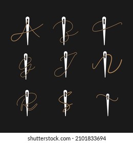 Abstract initial letter set tailor logo, thread and needle combination with gold colour line style , flat logo design template, vector illustration