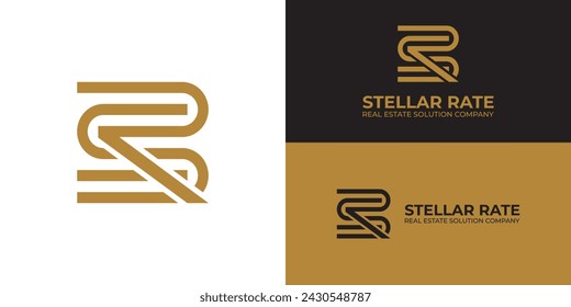 Abstract initial letter SR or RS logo in gold color presented with multiple background colors. The logo is suitable for real estate business company logo design inspiration templates.