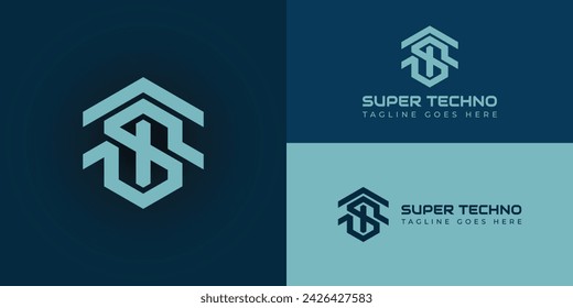 Abstract initial letter ST or TS logo in soft blue color presented with multiple deep blue background colors. The logo is suitable for home furnishing technology logo design inspiration template