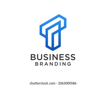 Resumen del logotipo de la letra inicial T. Estilo lineal azul aislado en fondo blanco. Usable para logotipos de empresas, tecnología y promoción de marca. Elemento de plantilla de diseño de logotipo de vectores planos.