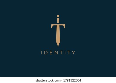 Abstract initial letter T and sword combination, flat design logo template, vector illustration