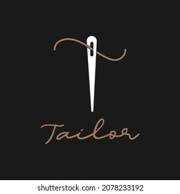 Abstrakter Anfangsbuchstabe T Schneiderlogo, Thread-und Nadel-Kombination mit goldener Farblinienstil, flache Logo-Design-Vorlage, Vektorgrafik