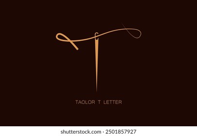 Abstract Initial Letter T Tailor logo, thread and needle combination with gold color line style , Flat Logo Design Template, vector illustration.