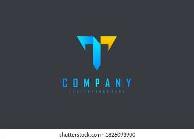 Abstract Initial Letter T and V Logo. Blue and Yellow Geometric Shape Shield Military Origami Style isolated on Black Background. Flat Vector Logo Design Template Element.