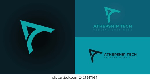Abstract initial letter AT or TA logo in soft blue color isolated in blue background applied for business technology company logo also suitable for the brands or companies have initial name AT or TA.