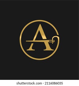 Abstrakter Anfangsbuchstabe A Schneiderlogo, Thread und Nadel-Kombination mit goldenem Farblinienstil, flache Logo-Design-Vorlage, Vektorgrafik