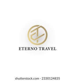 Abstract initial letter TE or ET in gold color isolated on white background. Alphabet TE or ET illustration monogram vector logo template in gold color applied for luxury travel provider logo design.