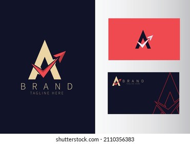 Abstract Initial Letter A Travel Logo. Gold Color Shape with Red Arrow design vector illustration. Usable for Business and Branding Logos. Flat Luxury Design Template