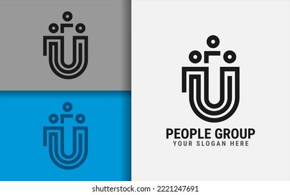 Abstract Initial Letter U Logo Design with People Group Combination Concept. Monogram Vector Logo Illustration.