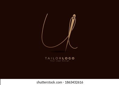 Abstract Initial Letter U Tailor logo, thread and needle combination with gold colour line style , Flat Logo Design Template, vector illustration