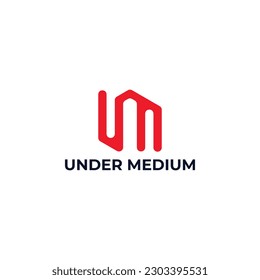 Abstract initial letter UM or MU logo in red color isolated in white background. Initial Letter UM linked uppercase overlaps logo design template—suitable for business, consulting group company.