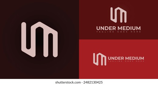 Abstract initial letter UM or MU logo in pastel red color isolated on multiple background colors. The logo is suitable for business consulting group company logo vector design illustration inspiration