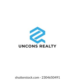 Abstract initial letter UR or RU logo in blue color isolated in white background. Letter UR logo in hexagon shape and blue background, cube logo with letter design for company identity.