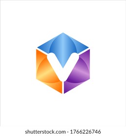 Resumen Concepto De Logotipo De Letra Inicial V. Forma hexagonal con espacio negativo V Icono estilo colorido.