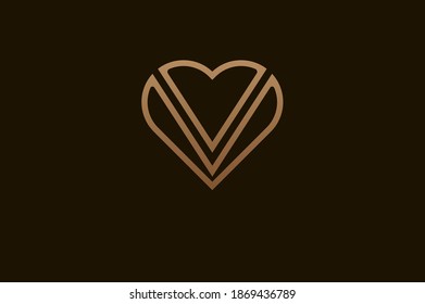 Abstract initial letter V and V logo, gold colour line style heart and letter combination, usable for brand, card and invitation, logo design template element,vector illustration