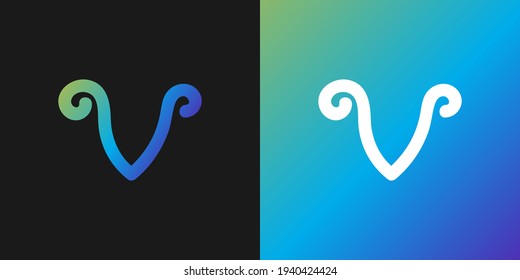 Abstract Initial Letter V Logo with Calligraphy Style and Linear Concept in Blue and Green Gradient