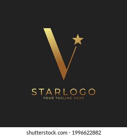 Abstract Initial Letter V Star Logo. Gold A Letter with Star Icon Combination. Usable for Business and Branding Logos.