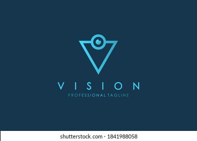 Abstract Initial Letter V Vision Logo. Blue Linear V Letter with Eye Icon Combination isolated on Blue Background. Usable for Business and Technology Logos. Flat Vector Logo Design Template Element.