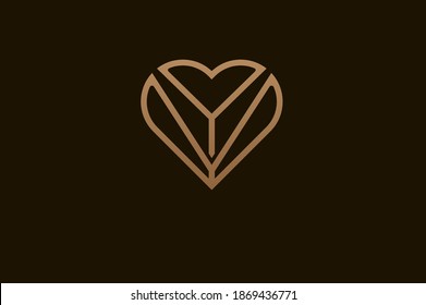 Abstract initial letter V and Y logo, gold colour line style heart and letter combination, usable for brand, card and invitation, logo design template element,vector illustration