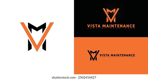 Abstract initial letter VM or MV in black-orange color isolated on multiple background colors. The logo is suitable for aircraft maintenance logo design inspiration templates.