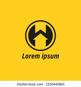Abstract Initial Letter W and H House  Logo. Black Geometric Shape Letter W and H on Circle isolated on Yellow Background. Usable for Construction Architecture Building Logo Design Template Element.