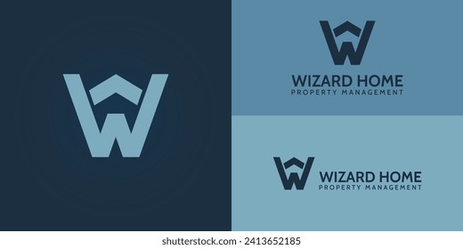 logotipo de la letra inicial abstracta W y H en color azul aislado en fondo azul marino aplicado al logotipo de la sociedad de gestión de propiedades también adecuado para la marca o empresa que tenga el nombre inicial WH o HW