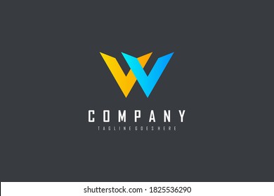 Abstract Initial Letter W Logo. Yellow and Blue Geometric Arrow Shape isolated on Black Background. Usable for Business and Branding Logos. Flat Vector Logo Design Template Element.