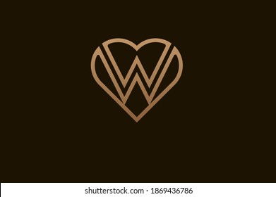 Abstract initial letter W and W logo, gold colour line style heart and letter combination, usable for brand, card and invitation, logo design template element,vector illustration