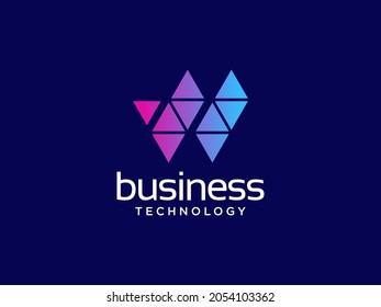 Resumen Logo De La Letra Inicial W. Azul Geométrico Triangular de Origami, aislado en fondo azul. Usable para Logos de Negocios y Tecnología. Elemento de plantilla de diseño de logotipo de vectores planos.