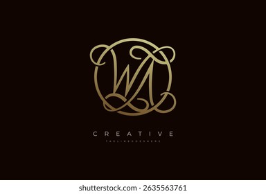 Abstract initial letter WA calligraphy Logo, Luxury letter WA in gold circle design, vector illustration