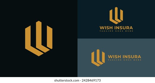 Abstract initial letter WI or IW logo in gold color isolated in multiple deep blue backgrounds applied for insurance agency logo also suitable for the brands or companies have initial name IW or WI.