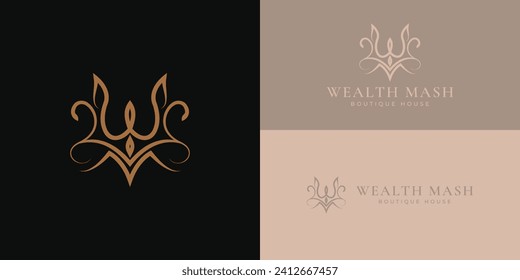 Abstract initial letter WM or MW logo in gold crown color isolated in black background applied for boutique fitness studio logo also suitable for the brands or companies have initial name MW or WM.