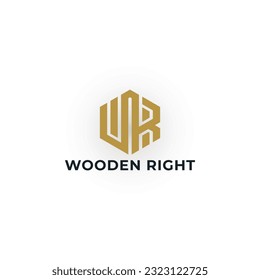 Abstract initial letter WR or RW logo in gold color isolated in white background. Letter WR Initial Icon Vector Logo design. Gold hexagon letter WR logo for real estate and construction company logo.