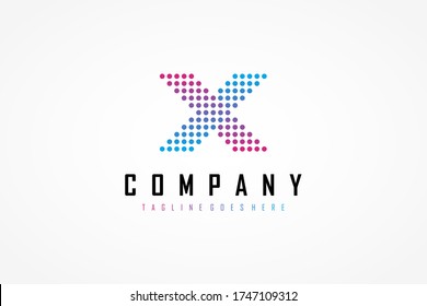 Abstract Initial Letter X Logo. Purple Blue Geometric Arrow Pixel Dots Halftone Style. Usable for Business and Technology Logos. Flat Vector Logo Design Template Element.
