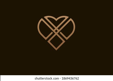 Abstract initial letter X and X logo, gold colour line style heart and letter combination, usable for brand, card and invitation, logo design template element,vector illustration