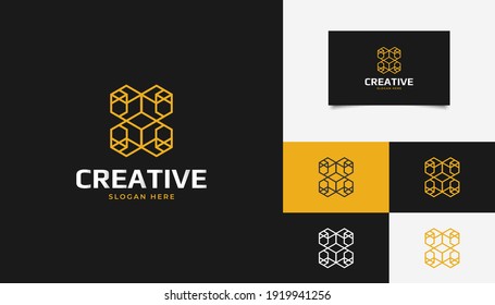 Resumen Logo de la carta inicial X con concepto de cubo en estilo lineal