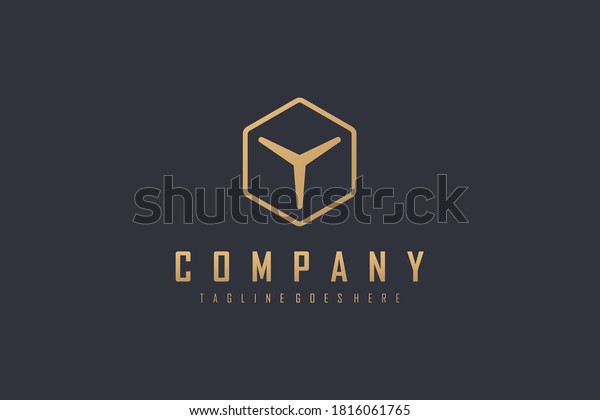 Abstract Initial Letter Y Logo. Gold Geometric\
Shape Y Icon Arrow Style with Hexagon Line Frame on Black\
Background. Usable for Business and Branding Logos. Flat Vector\
Logo Design Template\
Element.
