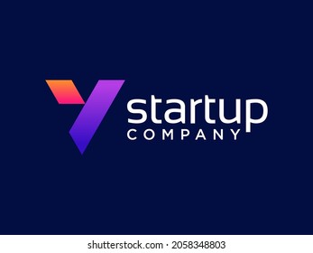 Abstract Initial Letter Y and V Linked Logo. White Geometric Shape Origami Style isolated on Blue Background. Usable for Business and Branding Logos. Flat Vector Logo Design Template Element.